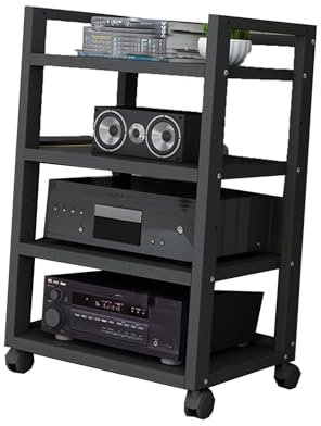 4 Tier Mobile Height Adjustable AV Shelf for Audio Media Storage Black AV Media Rack with Shelves for DVD Players Gaming Consoles AV Receiver Turntable Record Player Stand