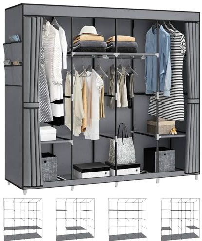Generisch Stoffschrank, Stoffkleiderschrank Stabil Groß 170x45x175cm, Faltschrank mit Kleiderstange, Reißverschluss, 4 Ablagen, 4 Seitentaschen, Viel Platz, für Schlafzimmer, Umkleideraum, Grau
