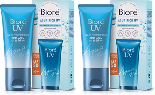 Biore Aqua Rich UV - Leichtes Feuchtigkeitsfluid für das Gesicht - Sonnenschutz - Lichtschutzfaktor LSF 50 - UVA/UVB - Funktioniert unter Make-Up - Nicht-fettend (Packung mit 2)