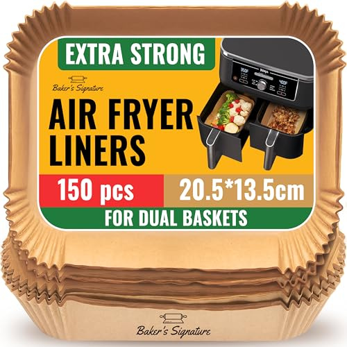 Air Fryer Liners 150 Pcs, Non-Stick Disposable for Dual Zone Baskets | Unbleached and oil-proof; BPA-free, PFAS-free and waterproof; easy cleanup, oven and microwave safe