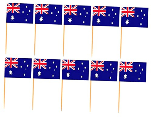 Mobestech 200 Palillos de Dientes Forma de Bandera Australiana para Decorar Frutas y Postres en Fiestas y Celebraciones Material de Madera y Papel