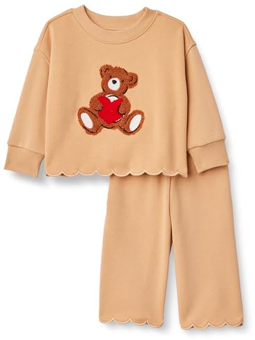 Amazon Essentials X Sofia Grainge - Set con Pantaloni e Top in Spugna Francese, Unisex, Cammello Chiaro, Cuore Grande Orso, 3T