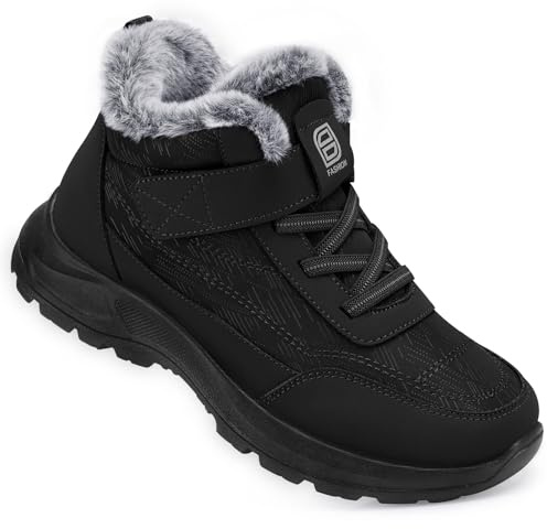SHIBEVER Black Snow Boots Women Winter Warm Fur Lined Ankle Boots Waterproof Comfortable Non Slip on Lightweight Casual Walking Outdoor Shoes Size 9