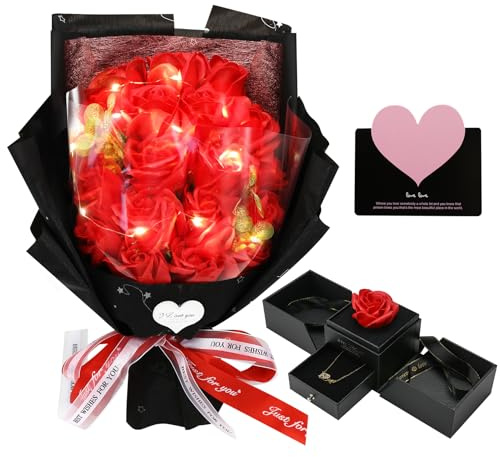 Tsudoku Roses Bouquet, Preserved Flowers Bouquet with Love Necklace for Her, Unique Gifts for Girlfriend Wife Mom Grandma on Valentines Day, Mother's Day, Birthday, Anniversary