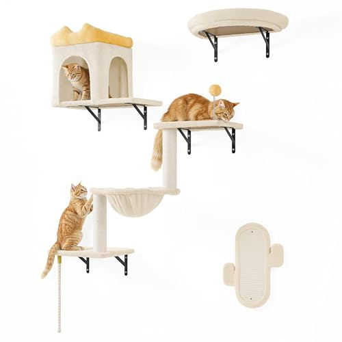 Yaheetech 4 in 1 Cat Wall Furniture Set with Scratching Posts, Beige | Wall-Mounted Cat Shelves, Cat Tree for Indoor Cats, Perches, Condos House, Baskets, Cat Climbing Frame Set