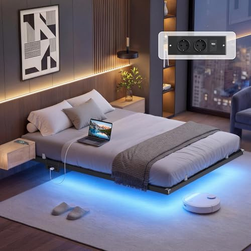 VASAGLE Marco de Cama 140 x 200 cm, Luces LED, Estación de Carga Extraíble, 2 Tomas CA, 1 Puerto USB-C, 1 Puerto USB-A, 1 en Posterior, Soporta hasta 500 kg, Negro Tinta RMB174B101