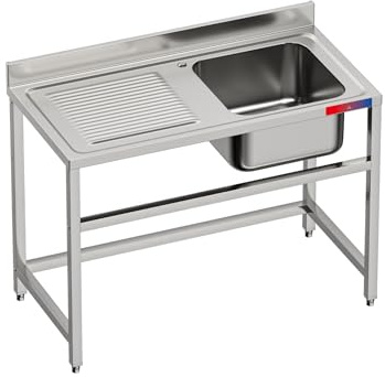 Fregadero Industrial Acero Inoxidable, 1 Seno con Escurridor, 120x60x85cm, Barra de Refuerzo, Peto Sanitario, Patas Regulables, Ideal Hostelería y Profesionales (Monomando Dos Aguas, Seno Derecha)