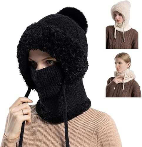 Generisch Wintermütze Damen, Balaclava Damen,3 in 1 Beanie Mütze Warm Strickmütze & Halswärmer Sets, Multifunktional Verstellbar Gesichtsmaske, Kapuzenschal Skimütze Hut für Outdoor (Schwarz)