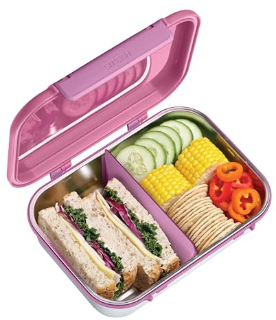Smash 1.8L Microwave Safe Stainless Steel Bento Lunch Box with Hinged Lid | 2 Compartments with Movable Divider, Clip Closure & Silicone Seal
