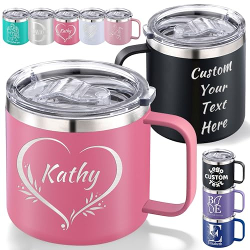 Taza de café personalizada con aislamiento térmico con nombre/texto/logo grabado, vaso de viaje de acero inoxidable personalizado con tapa, asa de doble pared, taza térmica personalizada para oficina