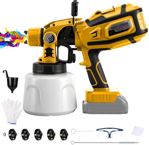 Trådlös färgspruta kompatibel med Dewalt 20 V batteri (inget batteri), 200 W elektrisk färgsprutpistol med 1,4 L kanna, 3 mönster, 5 mässingsmunstycken, LED-ljus, rengöringsborste, handskar och