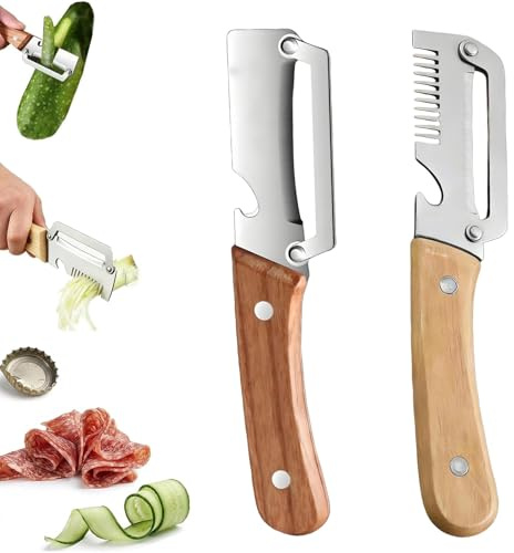 Set 2 Pelapatate Cucina Professionali Multifunzione 3-in-1, Apribottiglie, Lama in Acciaio Inox,Sbucciatore, Tagliaverdure, Impugnatura Ergonomica in Legno, Utensile per Frutta e Verdura (A)