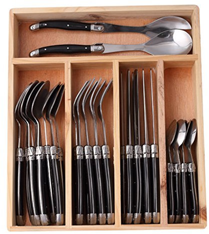 FlyingColors Laguiole Stainless Steel Flatware Set. Black Color Handle, Wooden Storage Box, 34 Pieces