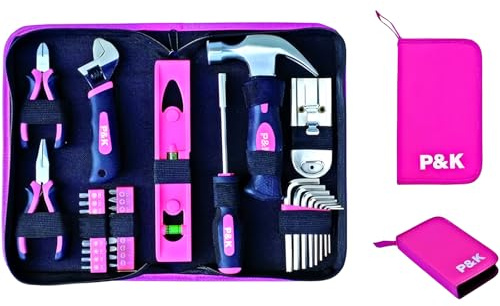 P & K 35-teiliges Werkzeugset in Pink – Stilvolles und praktisches Set im Etui für Haushalt, Reparaturen und Alltag
