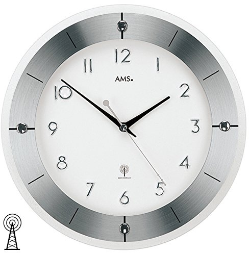 AMS 5848 Wanduhr Rund Geschliffenes Aluminium Funkwerk Weiß 31cm