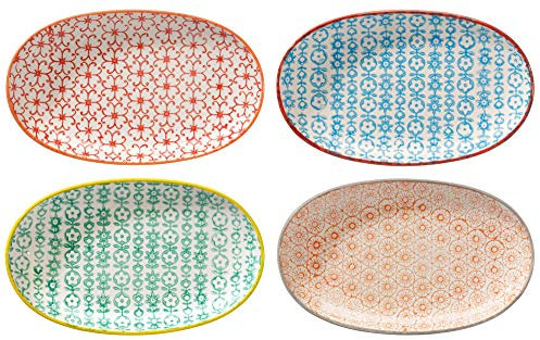 Bloomingville Piatto da Portata Carla Express - Ovale colorato L 21,5 x W 13 cm, Rosso Blu Verde Arancia, Ceramica Gres, Set da 4