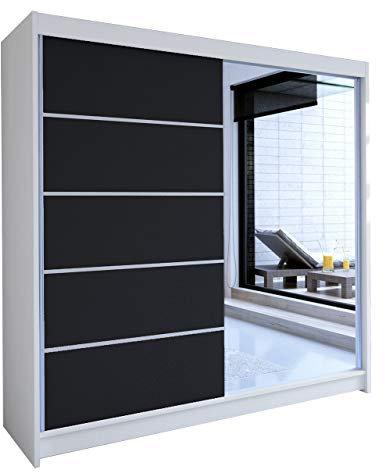 Mirjan24 Schiebetürenschrank Talin III, Aluminiumgleitschienen, Kleiderschrank mit Kleiderstange, Einlegeboden für Schlafzimmer, Diele (Weiß/Schwarz + Spiegel, ohne Beleuchtung)