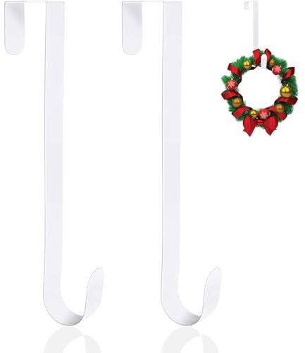 Maridergo Christmas Wreath Hanger for Front Door, 15 Inch Christmas Wreath Door Hanger Metal Wreath Hanger Over Door Wreath Hook for Xmas Party Decor Door Wall Home Office (White)