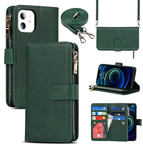 CAVOR Handykette Handyhülle kompatibel mit iPhone 12 Mini Hülle Mit Band,Flip Leder Geldbörse Hülle Mit Kette,[9 Kartenfach][Doppelte Schnalle],Umhängeband Handytasche Für iPhone 12 Mini - Dunkelgrün