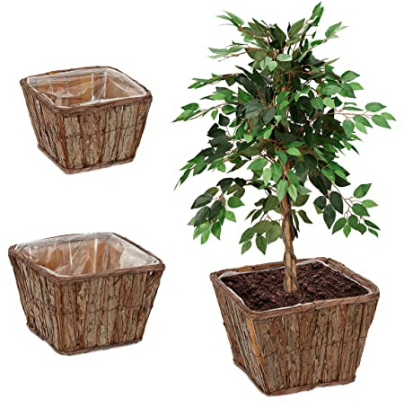 Relaxdays Blumentopf, 3er Set, Holz, Pflanzenkorb mit Folie, 3 Größen, Blumen & Kräuter, Pflanzgefäße quadratisch, Natur