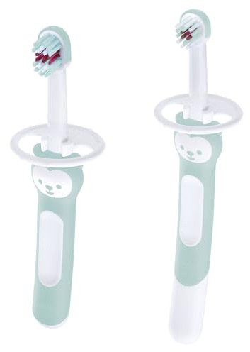 MAM Brosse Learn to brush Set C150 Lot de 2 brosses à dents : manche longue et manche courte, avec anneau de sécurité, pour bébé à partir de 6 mois, bleu, 2 pièces