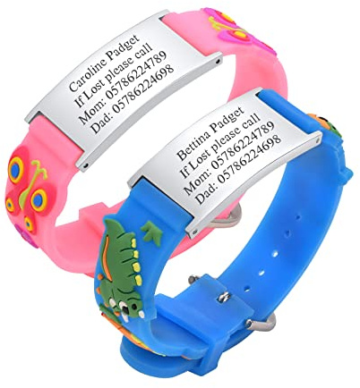 PJ JEWELLERY Notfallarmband SOS Armband Kinder Personalisierte - 2 Stück Edelstahl Silikonband Sicherheitsarmband Gravur Kleinkind Anti-Verlust Armbänder für Kinder Notfall Armband für Mädchen Jungen