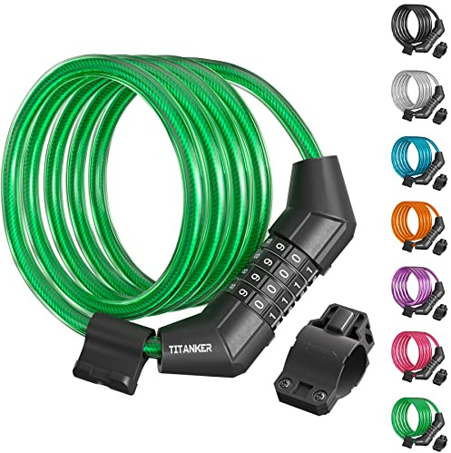 Titanker Bike Lock Cable, 4 Feet Bike Cable Lock Basic Self Coiling Kids Bike Lock Combination with Complimentary Mounting Bracket, 5/16 Inch Diameter (4FT, Green-8mm)