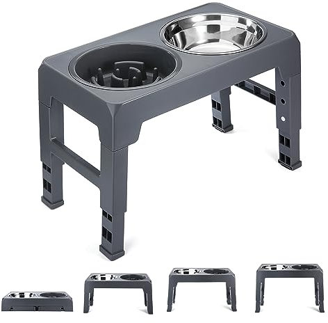 PDTO Raised Dog Bowl, 4 Height Elevated Dog Bowl with Slow Feeder and Stainless Steel Bowls, Adjustable Stand for Small Medium Large Dogs, Grey