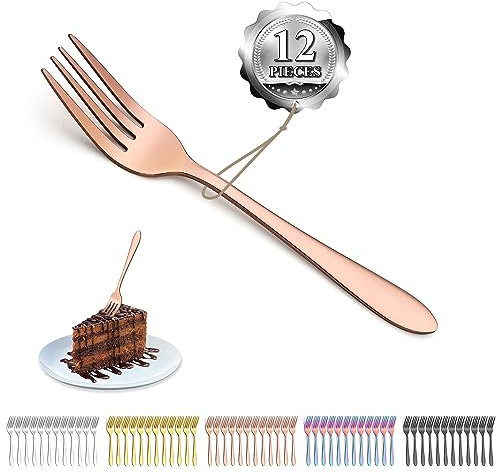 Kyraton Rose Gold Dessert Forks Set of 12 Pieces 14cm Titanium Rose Golden Plating Stainless Steel Cake Forks, Cutlery Set Dishwasher Safe