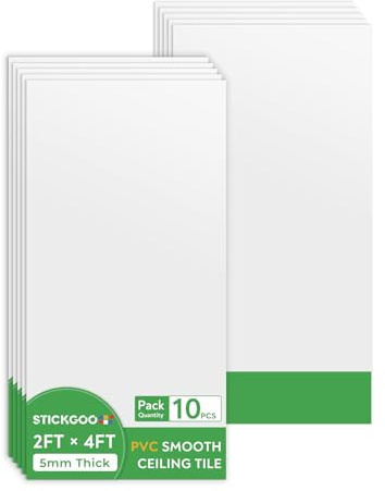 STICKGOO Drop Ceiling Tiles 2ft x 4ft, White Soomth Ceiling Tile 24 x 48in, Waterproof - Fire-Rated to Prevent Breakage Cover 80 Sq. Ft, Pack of 10 PVC Tiles