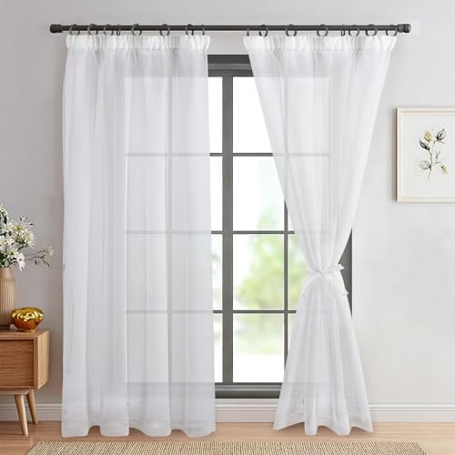 DWCN Gardinen Wohnzimmer Voile Vorhänge mit Kräuselband Weiß H225 x B140cm | 2er Set, Transparent Gardine mit Raffhalter, Leinenoptik，für Schinensystem, für Schlafzimmer Kinderzimmer