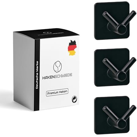 HAKENSCHMIEDE Handtuchhalter ohne Bohren - 3er SET - Haken selbstklebend, Handtuchhaken Bad Edelstahl, stilvolle Wandhaken als extra starke Klebehaken(schwarz)