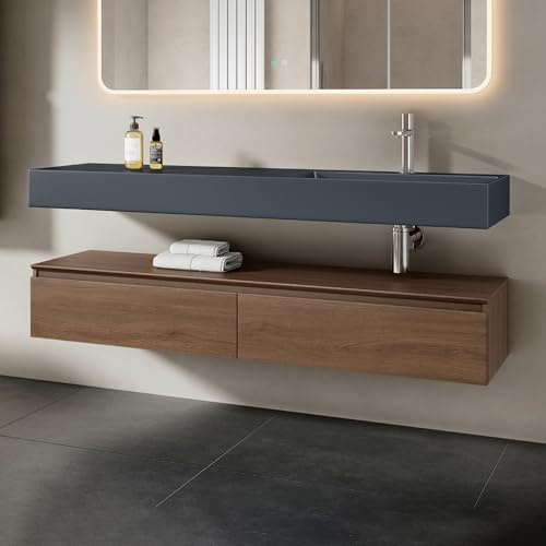 Mai & Mai Meuble Salle de Bain Marron Ensemble de 2 Pièces 150cm | Ensemble de Meubles, Lavabo Inclus, Meuble sous Lavabo Suspendu avec Tiroir, 150x48x25cm, UP