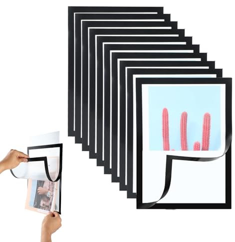 wenrescry 8-teiliges Magnetrahmen-Set - 4 schwarze und 4 silberne selbstklebende Magnetrahmen mit magnetischem Verschluss, Infotasche und Blatthalter für Dokumente, Poster und mehr im DIN A4 Format