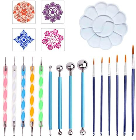 CHUANGOU Mandala Dot Painting Set, 20-Piece Malerset für Erwachsene mit 4 Stencils, 1, 5 Dotting Tools, 4 Kugelschreiber, 6 Pinsel