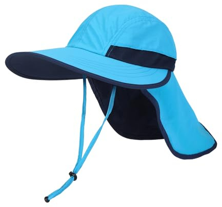 Creekstone Chapeau de Soleil pour Bébé Enfant avec Rabat de Cou, UPF 50+, Large Bord pour Plage d'été, Trou pour Queue de Cheval, Tout-Petits Filles Garçons (FR/ES, Âge, 5 Ans, 9 Ans, Bleu)