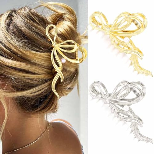 Reaky Metall-Haarklammern mit goldfarbener Schleife, 2 Stück, große Schleife und Perlen, Haarschmuck für Damen
