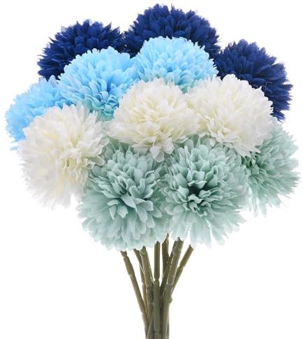 M METERXITY 12-Pack Artificial Chrysanthemum Ball Flowers, 11 inch | Cream White Sky Blue Light Blue Dark Blue, Faux Chrysanthemum Silk Bouquets, Real Touch Faux Flowers, for Wedding, Christmas