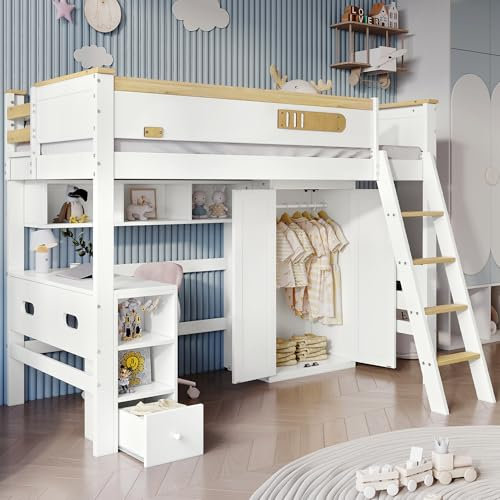 HAINEW Hochbett Kinderbett 90 × 200cm mit Stauraum und Leiter, Holzbett Funktionsbett mit Kleiderschrank und Schreibtisch, Einzelbett Etagenbett mit Lattenrost und Rausfallschutz, Ohne Matratze, Weiß