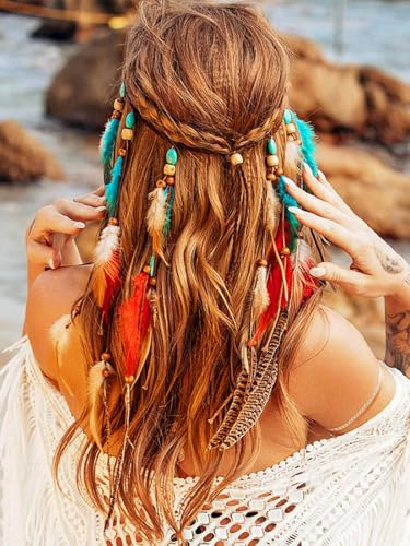Zoestar Boho Feder Stirnband Federn Quaste Hippie Stirnbänder Indianer Tribal Kopfschmuck Festival Kostüm Haarschmuck für Frauen