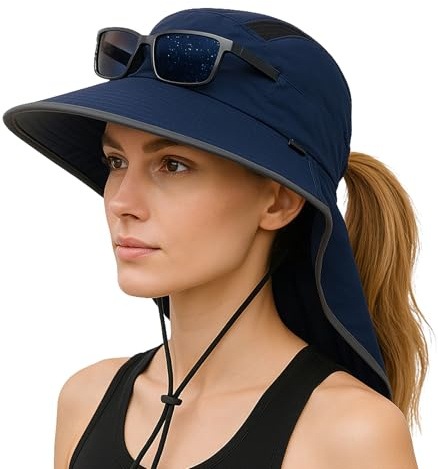 TOP-EX L/XL Pferdeschwanz Sonnenhut Damen mit Nackenschutz UV Schutz Breite Krempe Sommerhut Wasserdicht & Faltbar