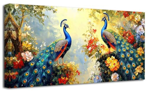 ZXHYWYM Pfau Pfauenpaar Bilder Wanddekoration Waldtier Leinwanddrucke romantisches Liebesthema Gemälde blau grüne Federn Poster großes Schlafzimmer (Gelb, (30L x 60B cm))