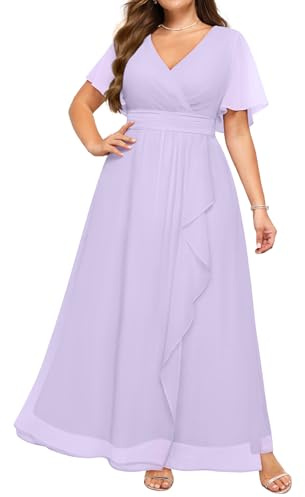 Talisea Plus Size Formal Dresses - Wedding Guest Bridesmaid Evening Prom Chiffon V Neck Ruffle Short Sleeves Long Dress Women, Light Lavender, 26 Plus