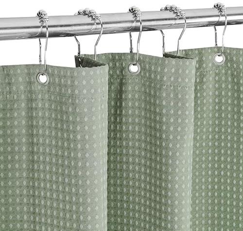 MALIRUE Tenda da doccia Waffle Verde 180x200 cm - Tessuto in poliestere lavabile con pesi e 12 anelli, opaca e impermeabile per doccia e vasca da bagno.