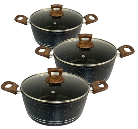 Britly Die Cast Cooking Pot Granite Coating Stock Pot with Tempered Glass Lid, 3-Piece Non-Stick Cooking Pot, Cool Touch Handles, Suitable for Induction (Black)