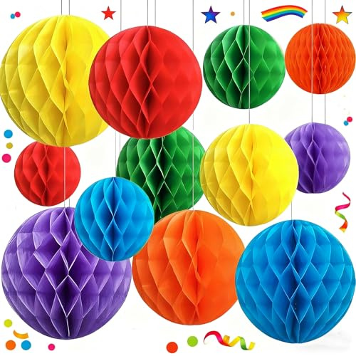 Capesaro 12pcs Multi-Farbe hängende Gewebe Papier Pom Poms für Klassenzimmer Dec Geburtstag Hochzeit Verlobung Urlaub Kindergarten Baby Dusche Heimdekor (6 10 Regenbogen Set)