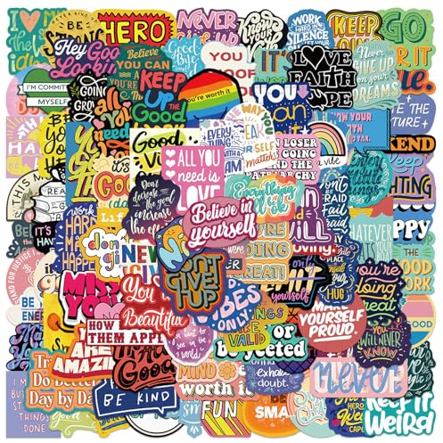 EDLMKM 100 Pcs Motivational Stickers, Colourful Positive Affirmation Inspirational Quotes Sticker Pack, Waterproof Vinyl Laptop Stickers, for Laptop Scrapbook Journal Scrapbook