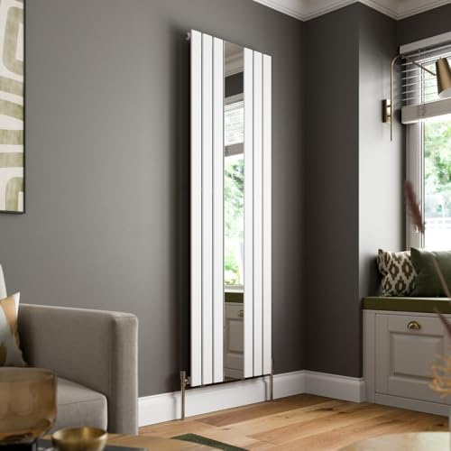 DuraTherm® 1800 x 600mm White Vertical Designer Radiator with Mirror Single Column Flat Panel Modern Central Heating Bathroom Radiators