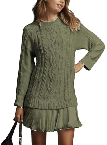 WINKEEY Vestidos Mujer Suéter de Punto Cuello Redondo Vestido Manga Larga Mujer Cómodas Elegantes Vestidos de Invierno Otoño,Verde L
