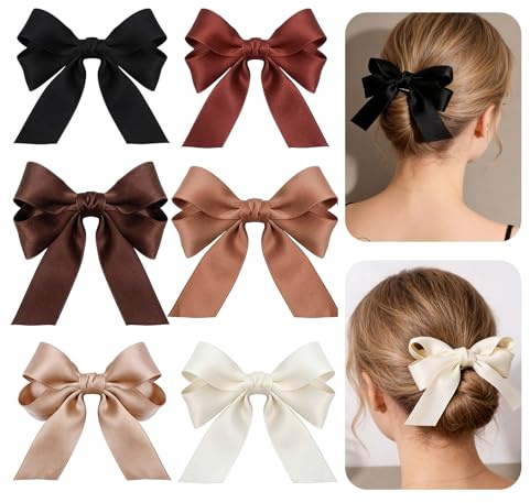 6 Stück Haarschleifen, Haarspange Schleife, Satin Schleife Clips, Haarklammer Schleife, Weiß, Schwarz und Braun, für Dickes und Feines Haar, Haarschmuck für Damen Mädchen